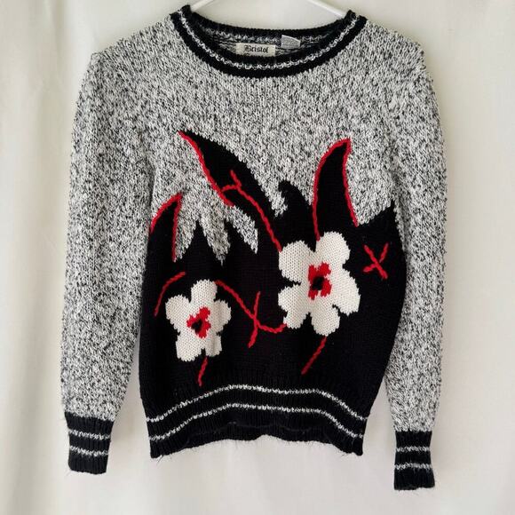 Vintage Bristol Court Womens Sweater Sz Small Black Floral Emo Flower Grannycore - Picture 1 of 9